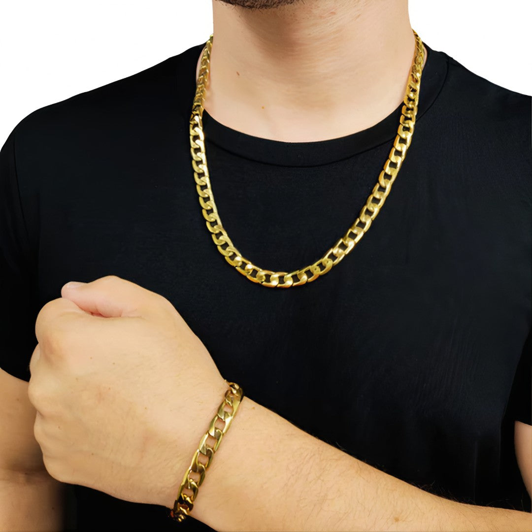 💎 GoldenKing™ – Corrente Masculina 10mm Banhada a Ouro 18K com Pulseira de Moeda Antiga