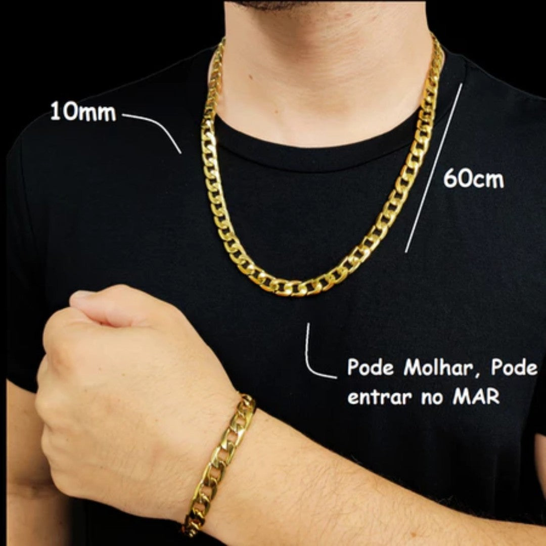 💎 GoldenKing™ – Corrente Masculina 10mm Banhada a Ouro 18K com Pulseira de Moeda Antiga