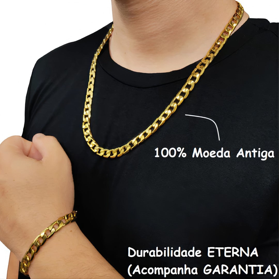 💎 GoldenKing™ – Corrente Masculina 10mm Banhada a Ouro 18K com Pulseira de Moeda Antiga