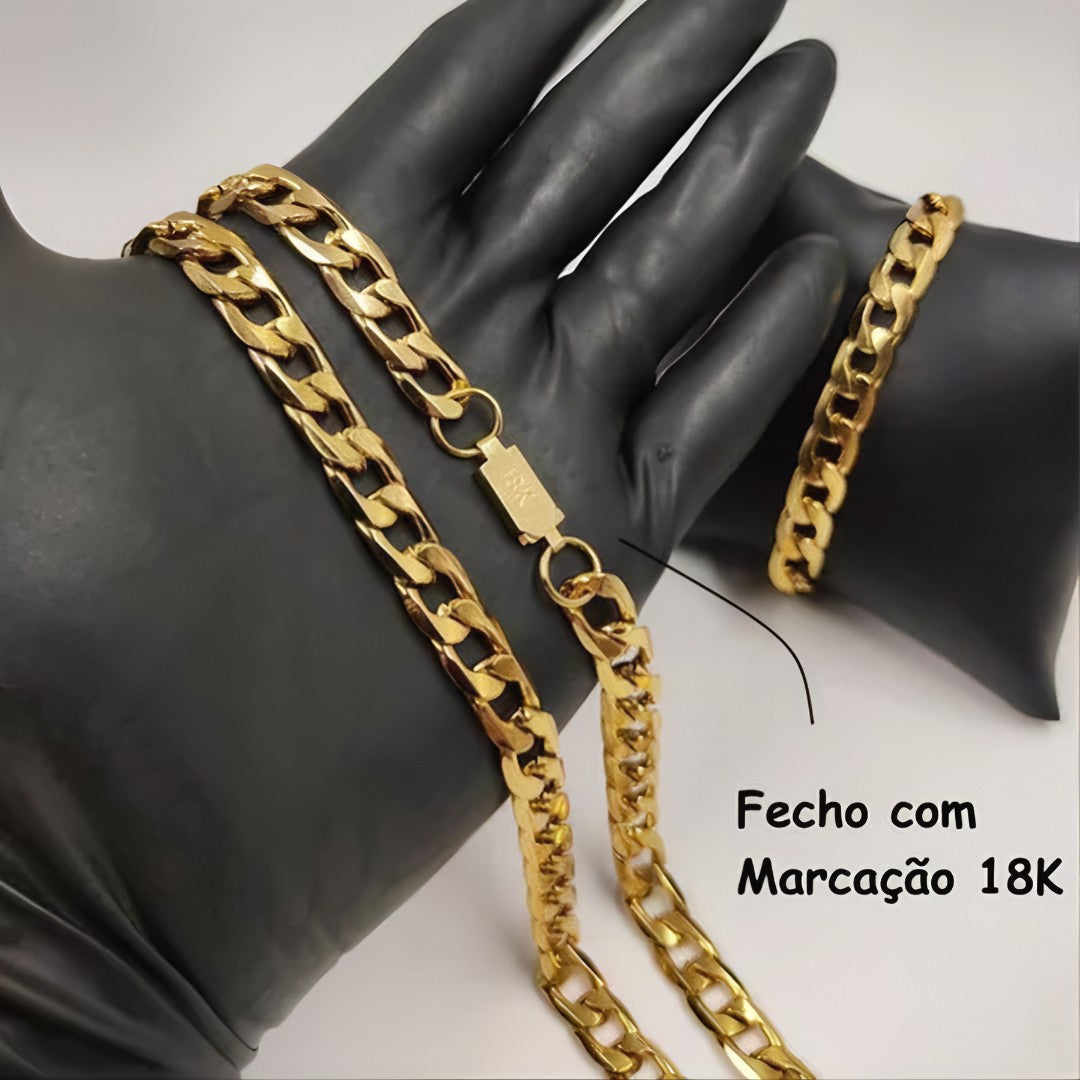 💎 GoldenKing™ – Corrente Masculina 10mm Banhada a Ouro 18K com Pulseira de Moeda Antiga