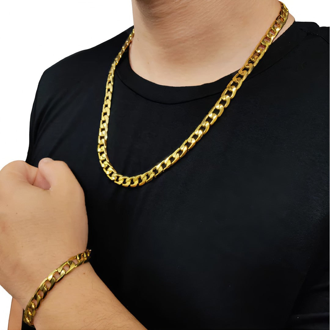 💎 GoldenKing™ – Corrente Masculina 10mm Banhada a Ouro 18K com Pulseira de Moeda Antiga