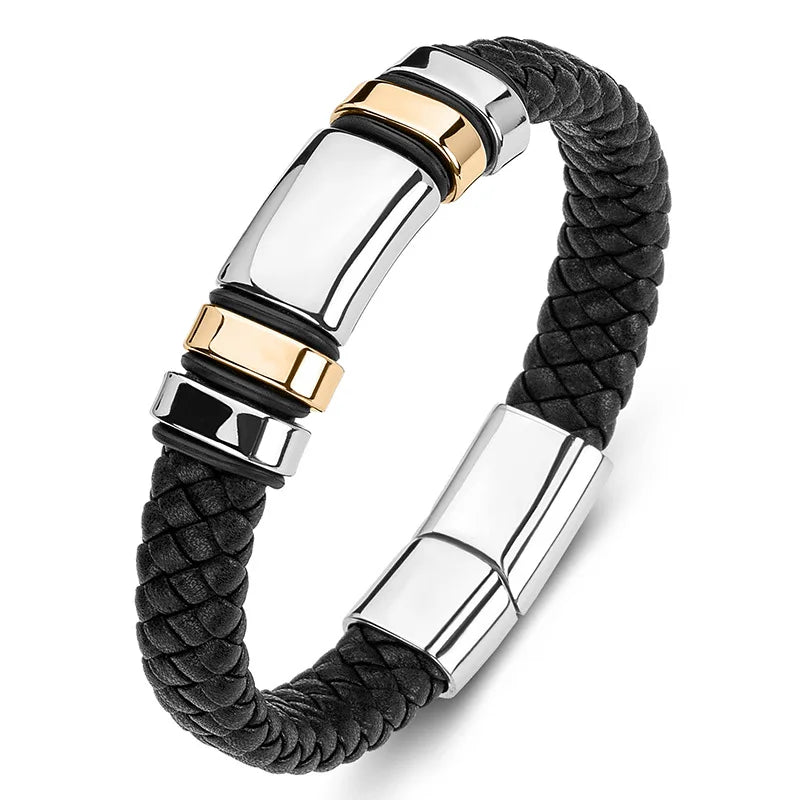 Pulseira Masculina em Couro Trançado: Estilo Clássico e Fecho de Aço Inoxidável