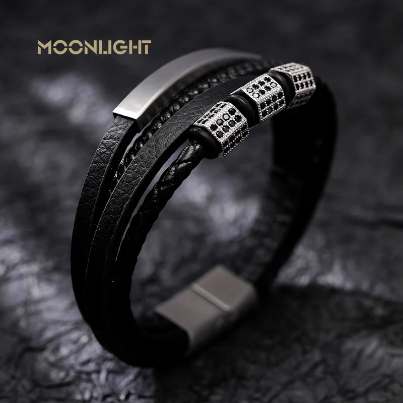 Pulseira Masculina de Luxo em Aço Inoxidável e Couro Trançado