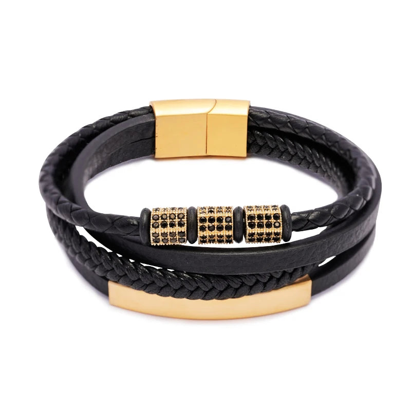 Pulseira Masculina de Luxo em Aço Inoxidável e Couro Trançado