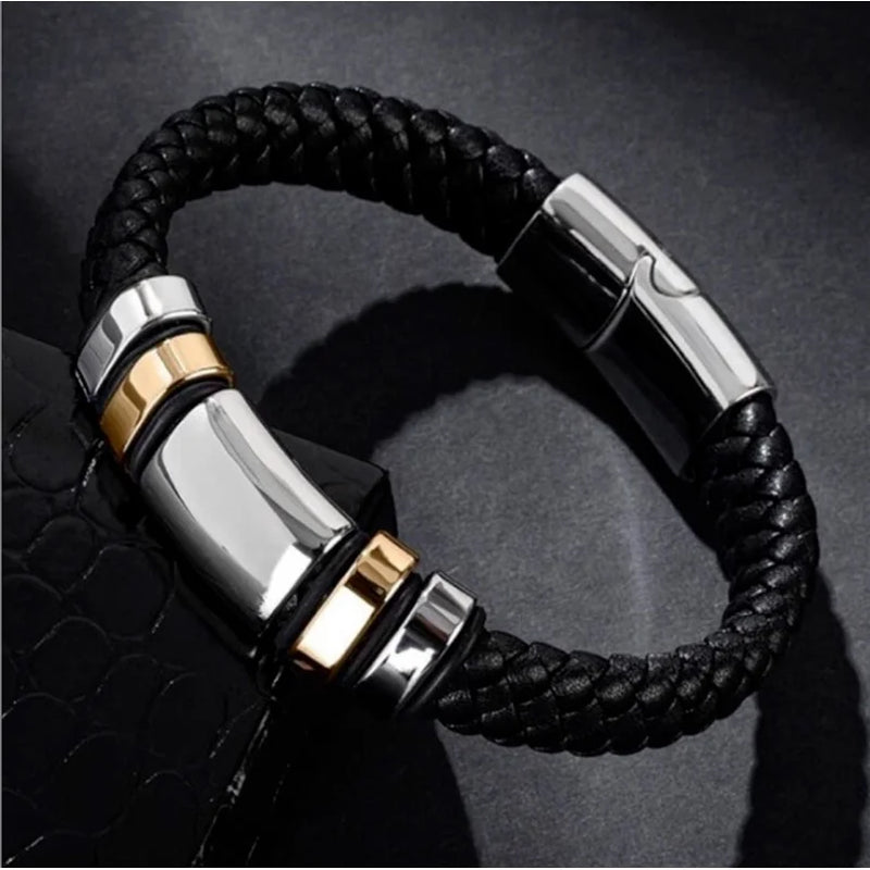 Pulseira Masculina em Couro Trançado: Estilo Clássico e Fecho de Aço Inoxidável