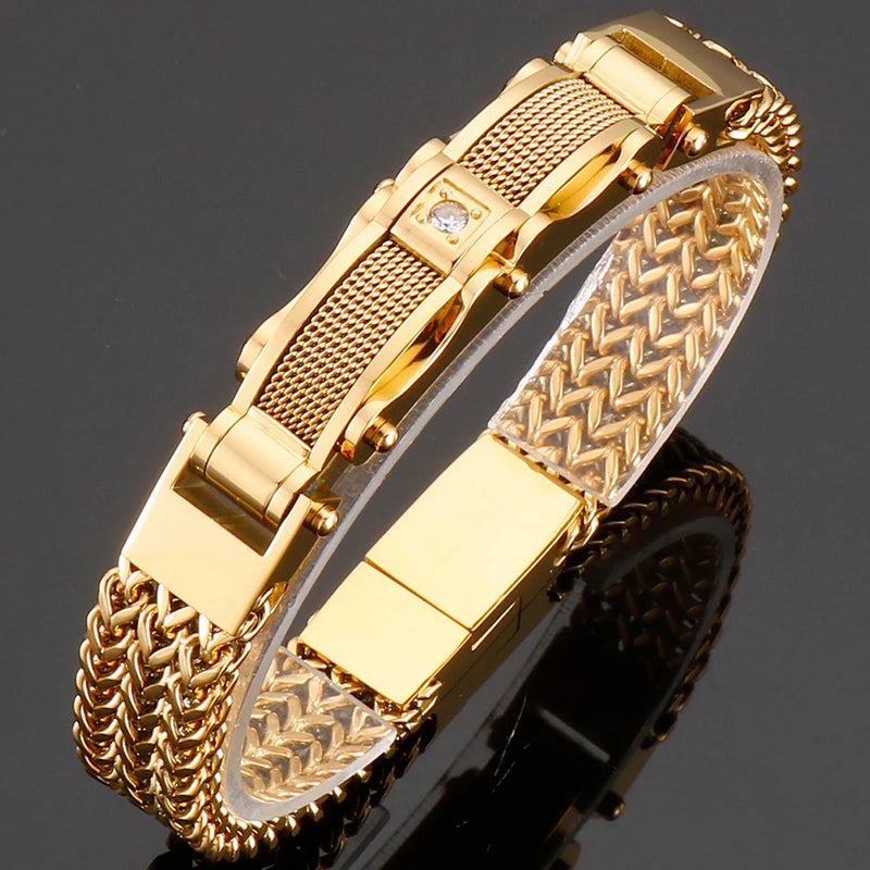 Pulseira Luxuosa Masculina em Aço Dourado 12MM Franco com Fecho Magnético