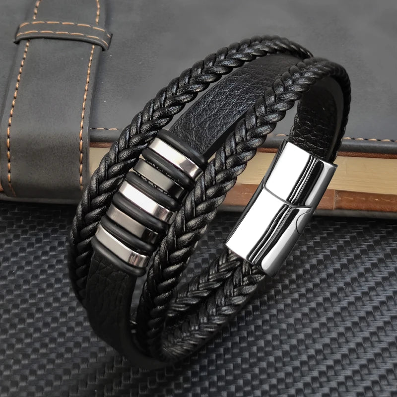 Pulseira Masculina de Couro com Fecho Magnético - Estilo Clássico e Sofisticado